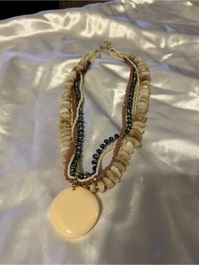 Layered Beaded Statement Necklace Neutral Navy Blush Pendant NWOT